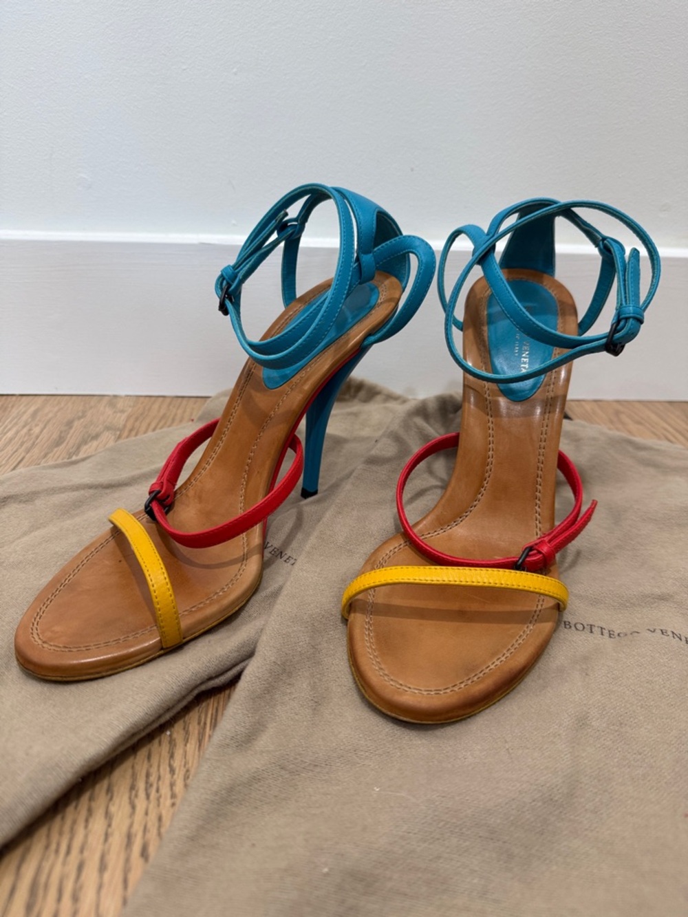 Bottega Veneta Multicolor Leather Strappy High Heel Sandals — Blue, Red, Yellow